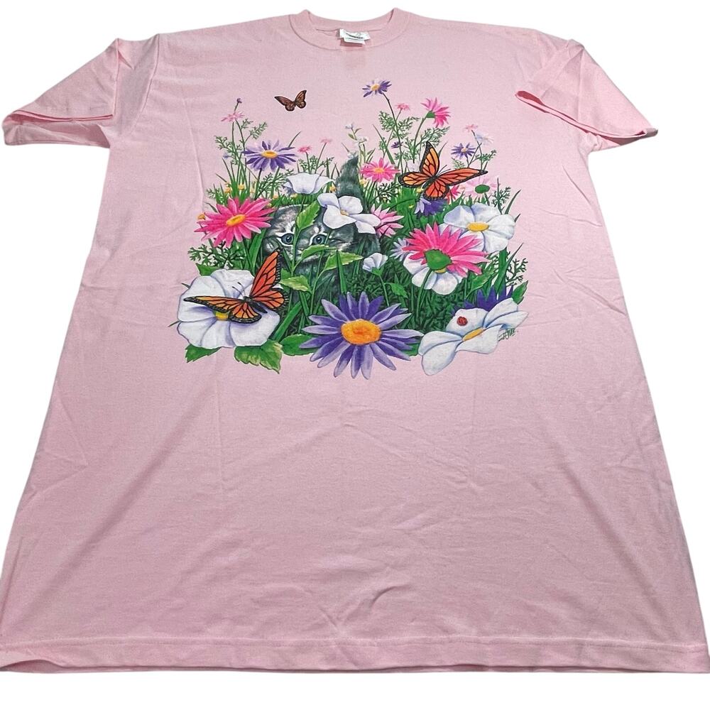 VTG 90s Kittens Flowers Night Gown T-Shirt size XL Pink Creative Concepts